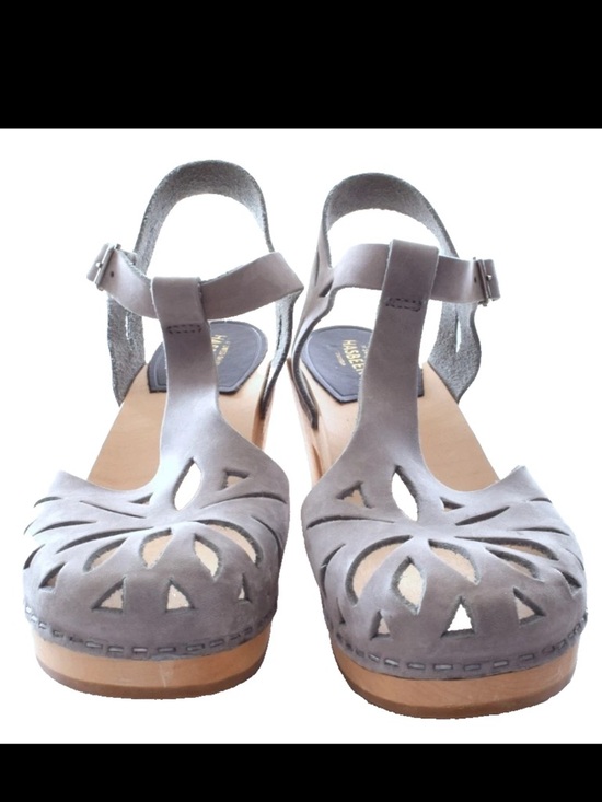 Swedish Hasbeens Shoes - Swedish Hasbeens Grey Suede Cutout Ankle-Strap Clogs
